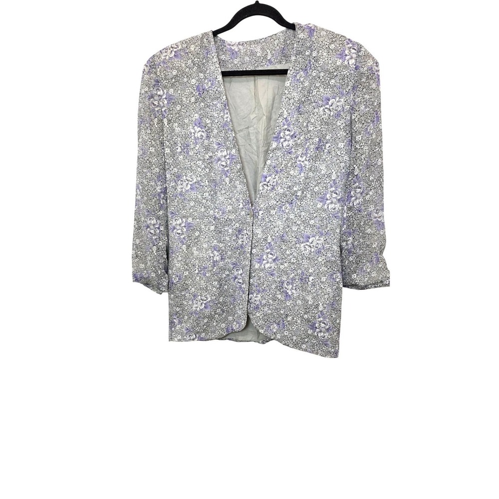 VTG Baronesa Floral Open-Front Lightweight‎ Blazer Purple & White 3/4 Sleeves SZ
